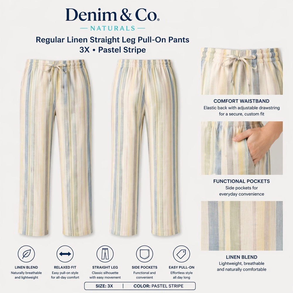 Denim & Co Naturals 3X Coral Striped Linen Blend Wide Leg Cropped Pants A377306